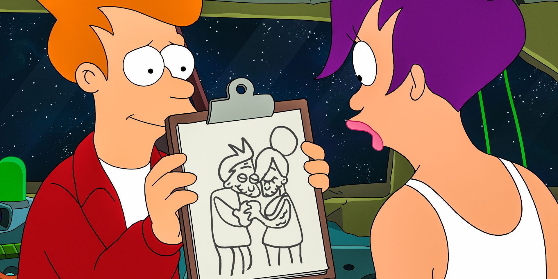 Fry shows Leela a drawing of them growing old together in Futurama Season 12, Episode 10