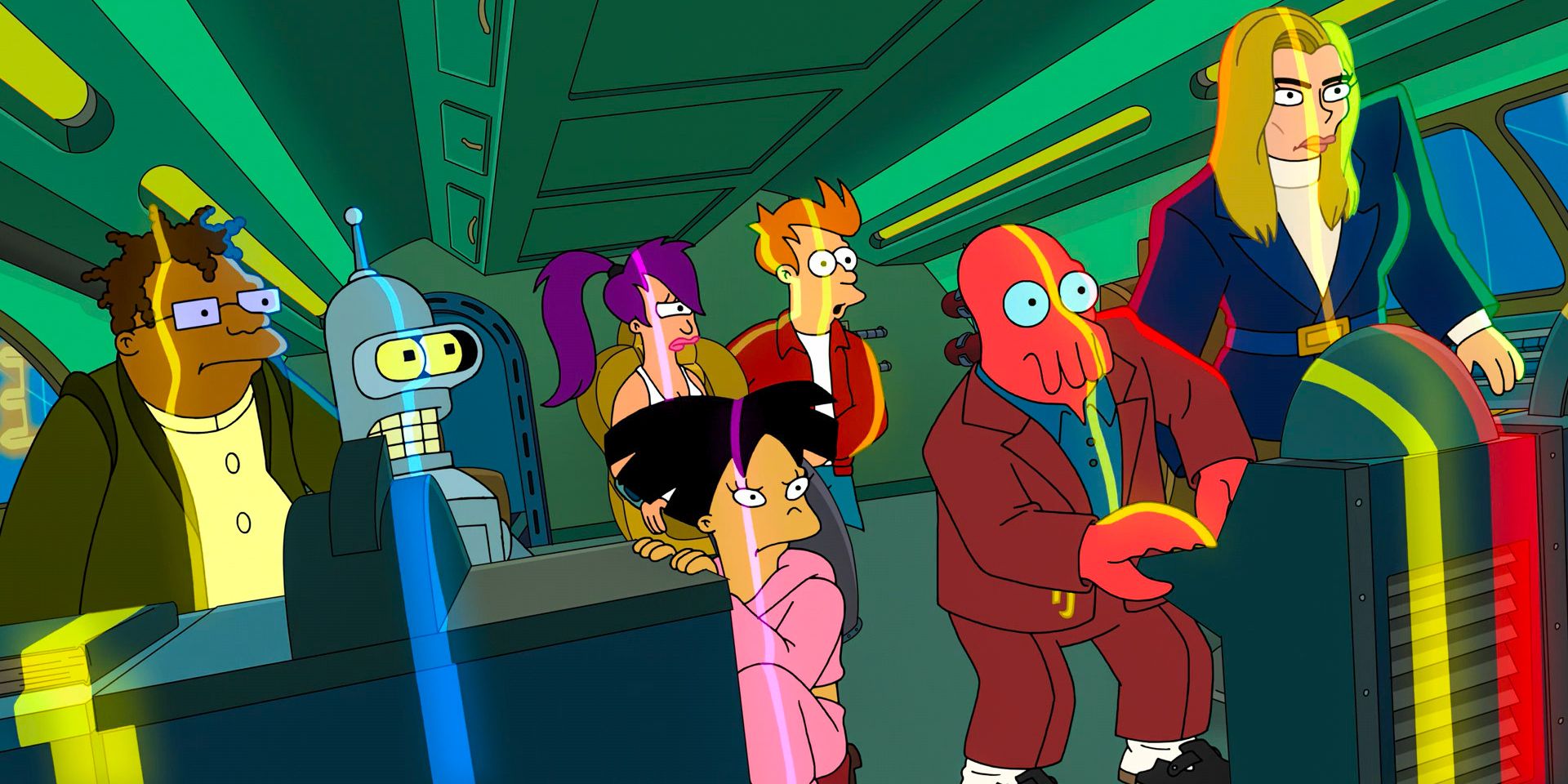 Zoidberg e os outros viajando pelo vórtice para recuperar as calças favoritas de Zoidberg no episódio 6 da 12ª temporada de Futurama