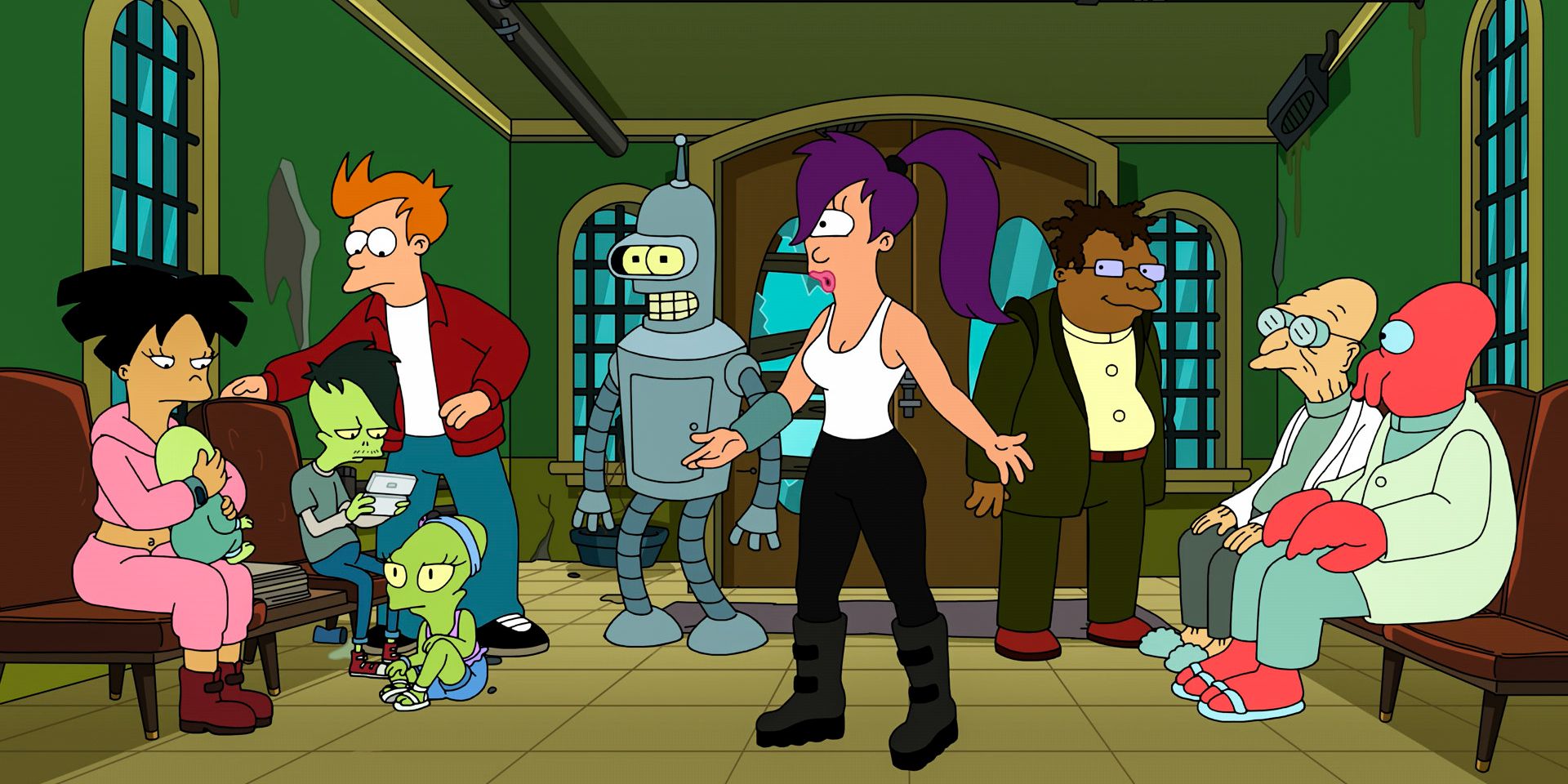 Leela mostrando a todos o lugar onde ela cresceu, o Orfanato Cookieville em Futurama Temporada 12, Episódio 8