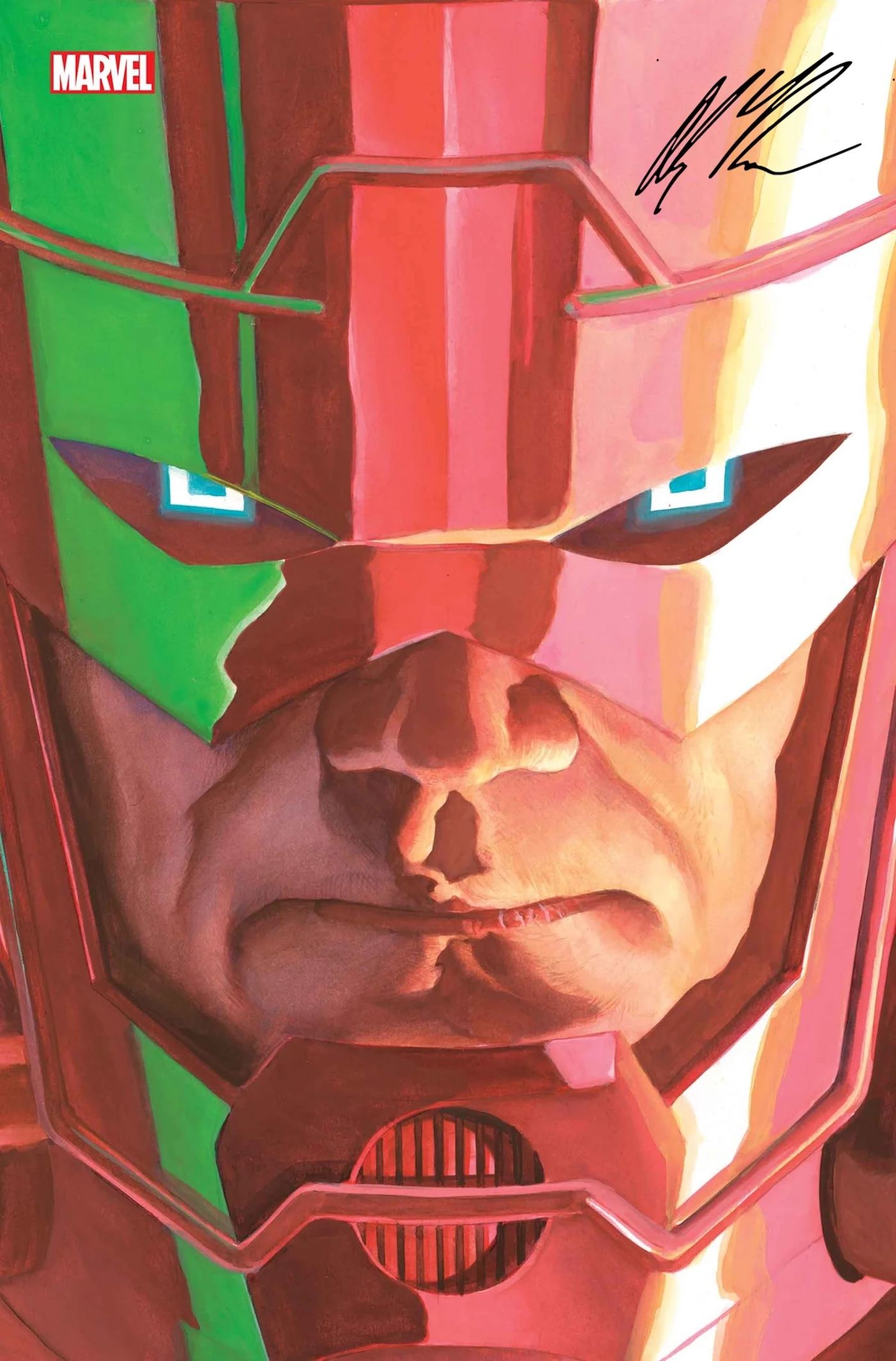 Retrato de Alex Ross Galactus e close-up extremo do rosto do antagonista cósmico, em tons de verde, roxo e rosa.