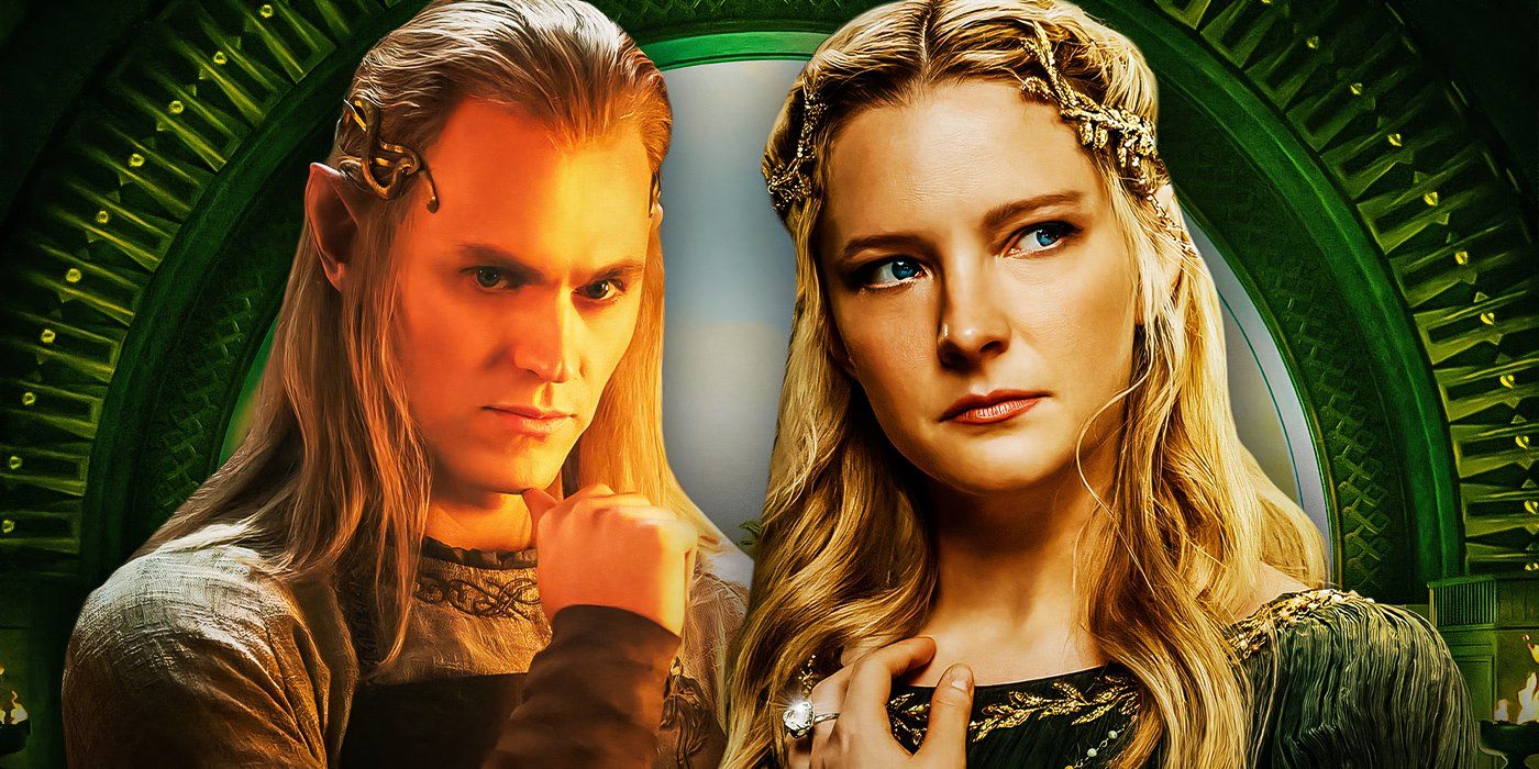 Charlie Vickers as Sauron and Morfydd Clark as Galadriel in The Rings of Power (2024) above a circular green background