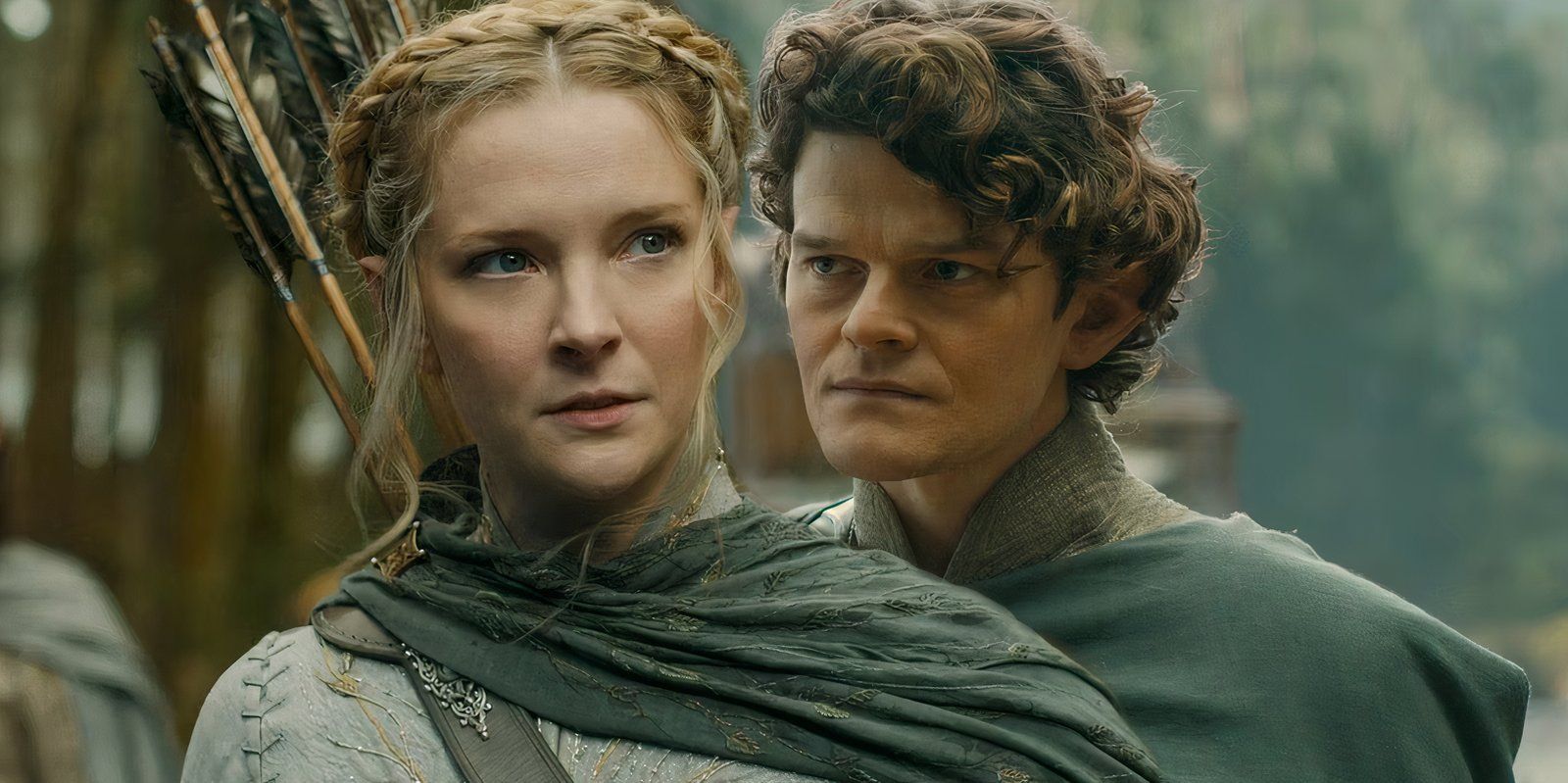 Galadriel (Morfydd Clark) looking serious next to Elrond (Robert Aramayo) looking angry in The Lord of the Rings The Rings of Power Season 2 Episode 4