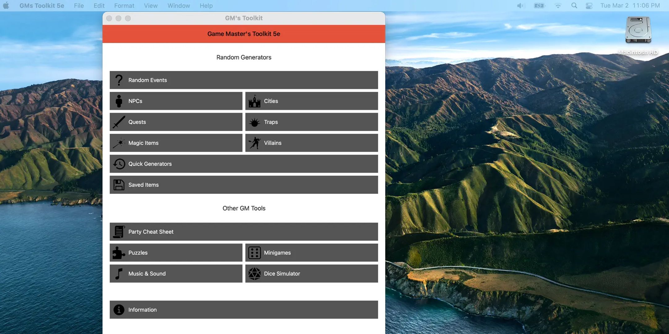 A screenshot of the Game Master's Toolkit 5e app showing options to generate random D&D elements.