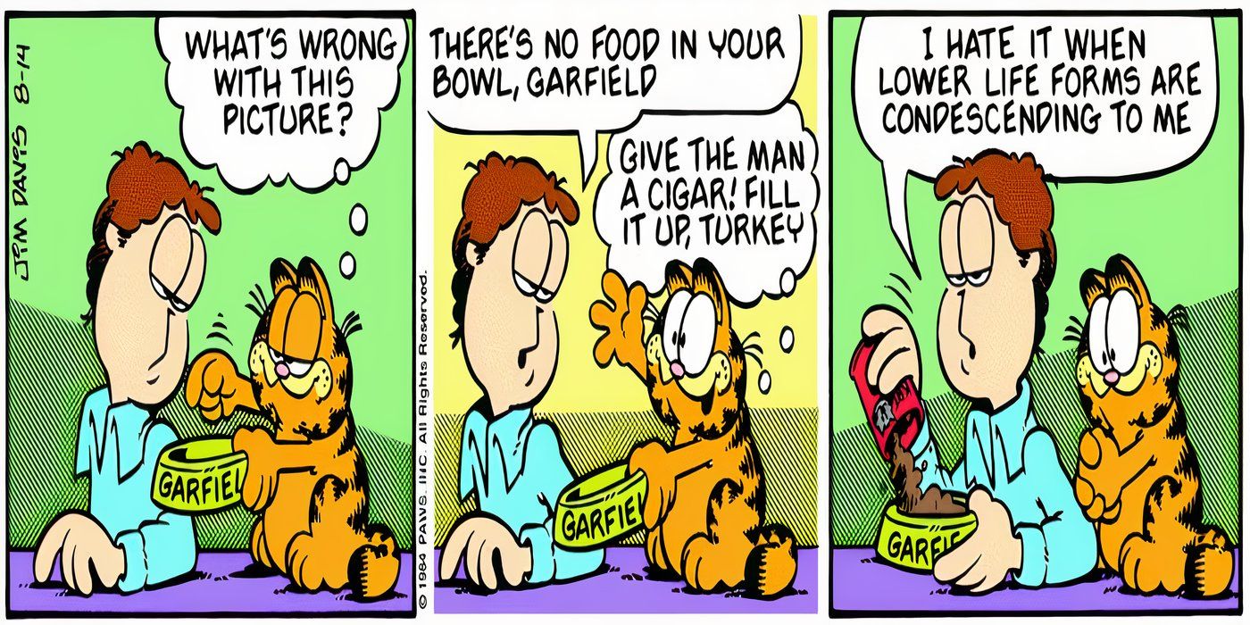 Garfield chiede a Jon di dargli più cibo in modo condiscendente.