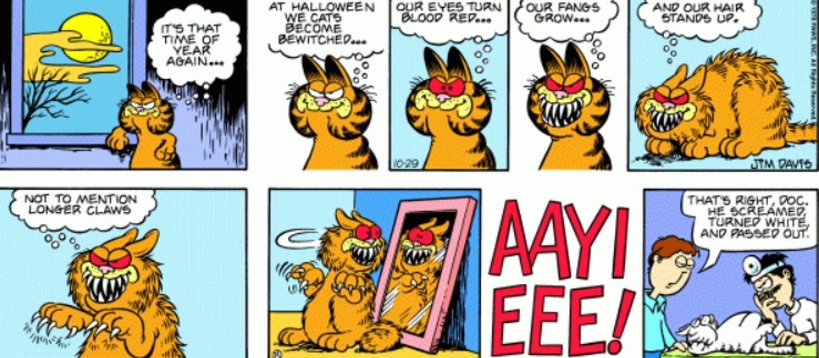 Garfield terrifies himself at Halloween during a bizarre transformation, resulting in a vet visit