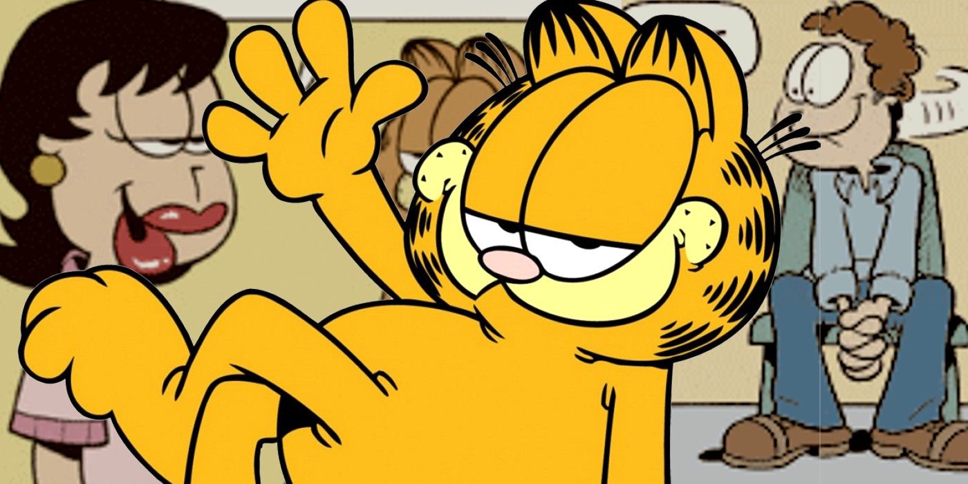 Garfield waving, overlaying comic strips featuring Liz and Jon