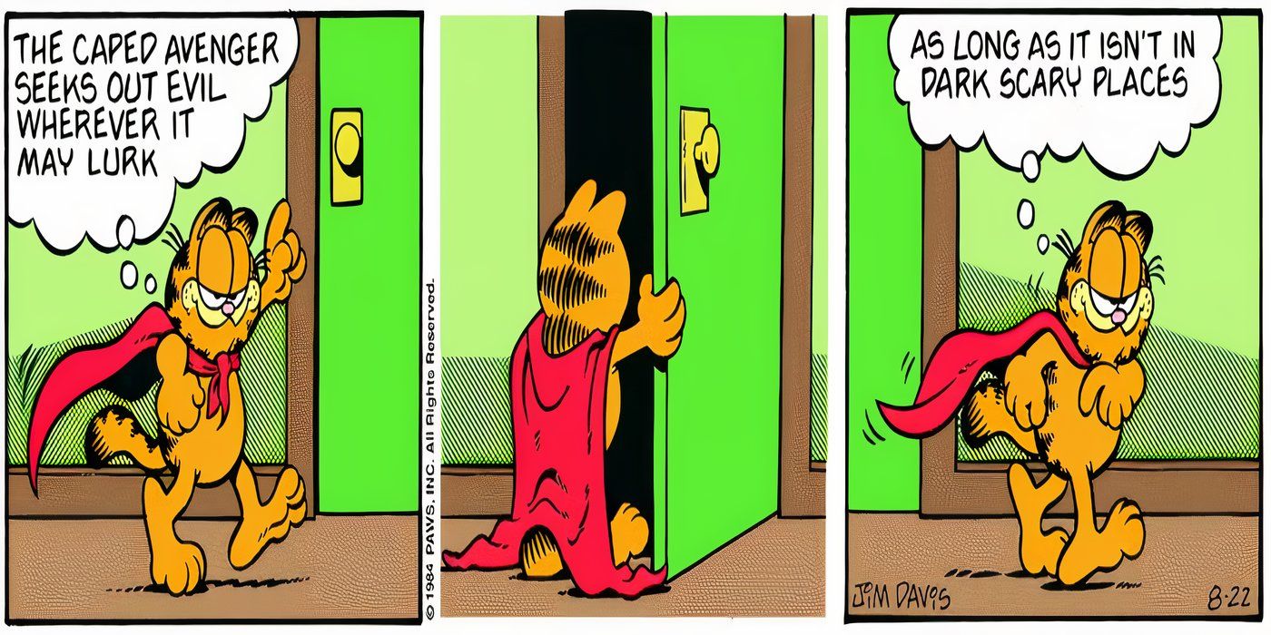 Garfield chiarisce che combatterà il male nei panni del Vendicatore Incappucciato solo se non nei luoghi oscuri.