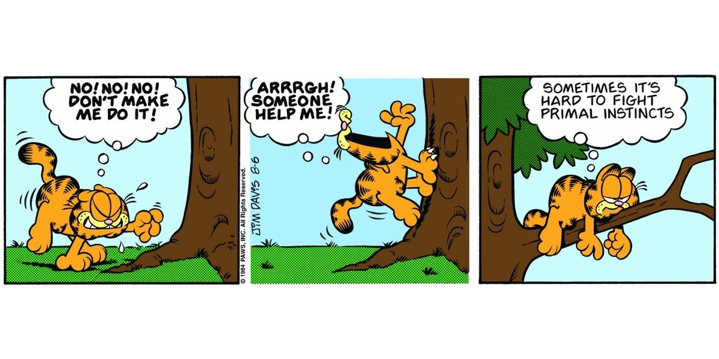 fumetto di garfield dove si arrampica su un albero