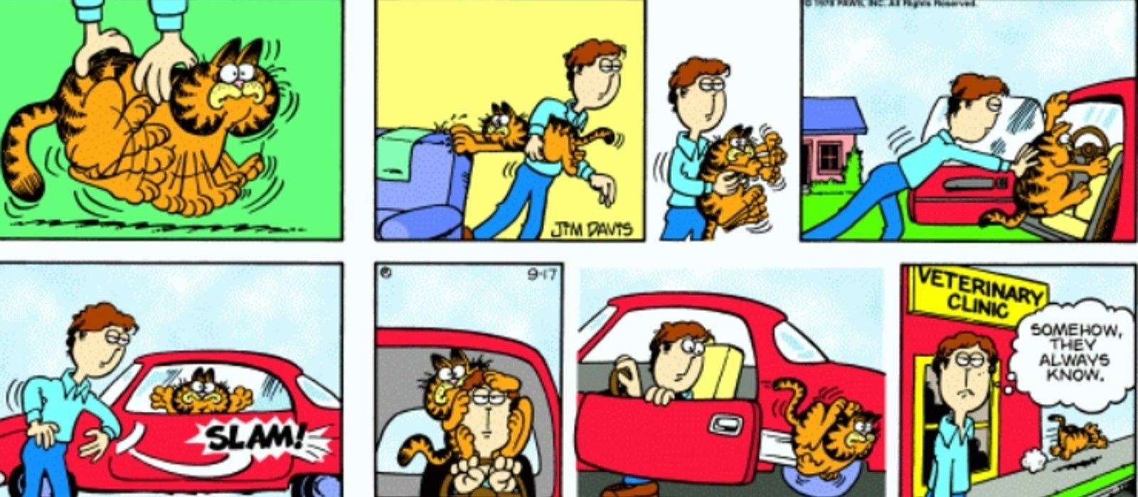 Garfield fights Jon to get into the car, while in the car, and at the vets office, running away.