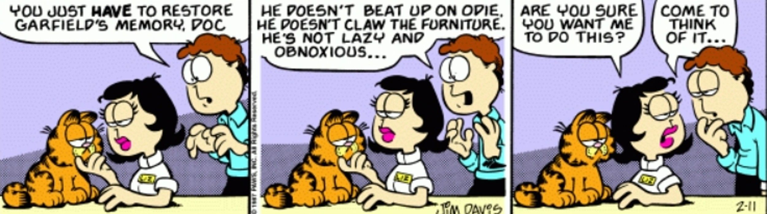 Jon outlines Garfield's amnesia symptoms, making Liz question providing treatment.