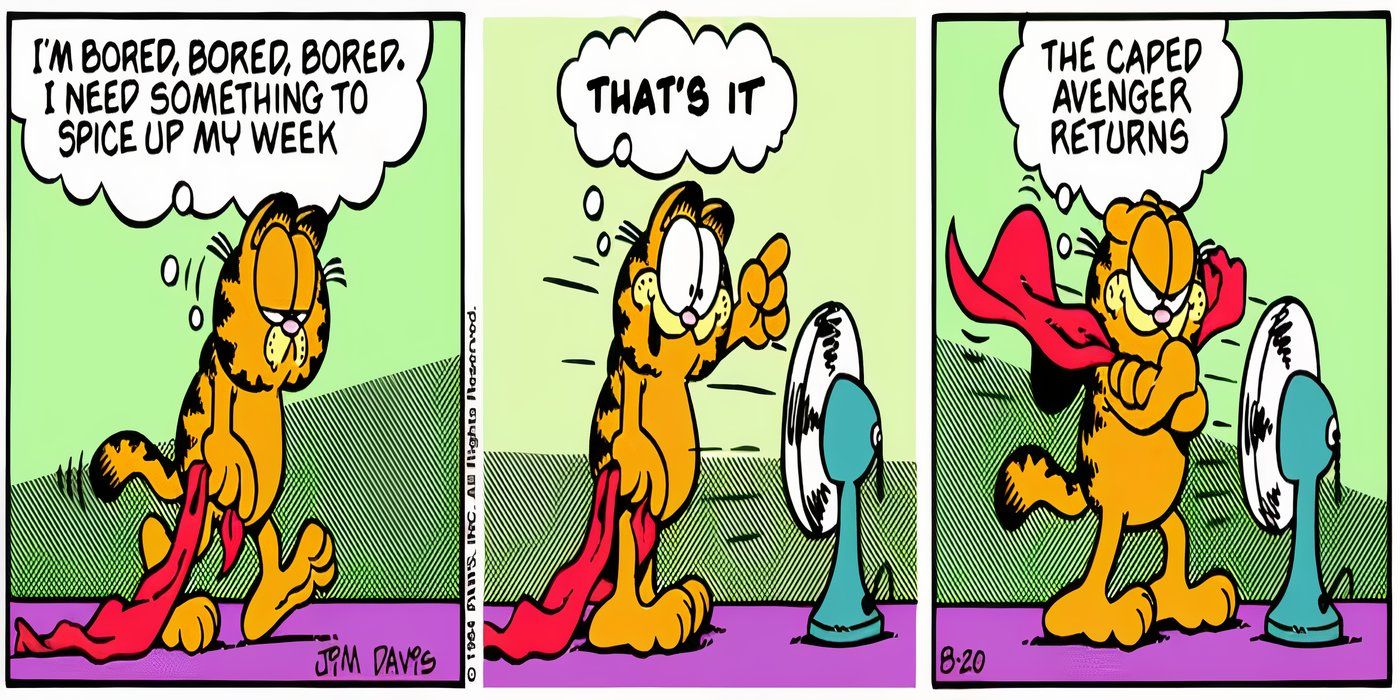 Garfield indossa un mantello rosso e finge di essere un supereroe.