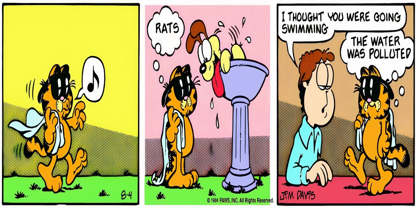 Garfield si rifiuta di nuotare nella vasca per gli uccelli perché c'è Odie dentro.