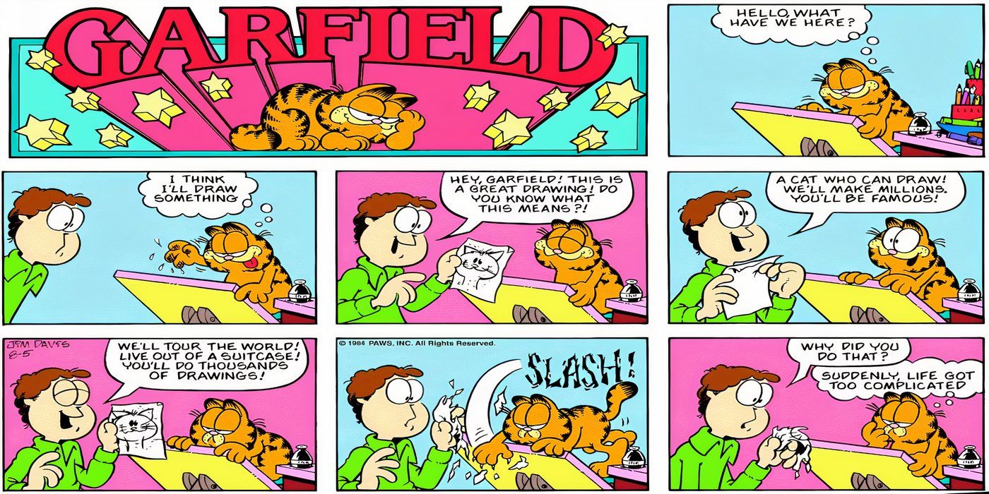 Garfield che strappa il suo disegno per non diventare famoso.