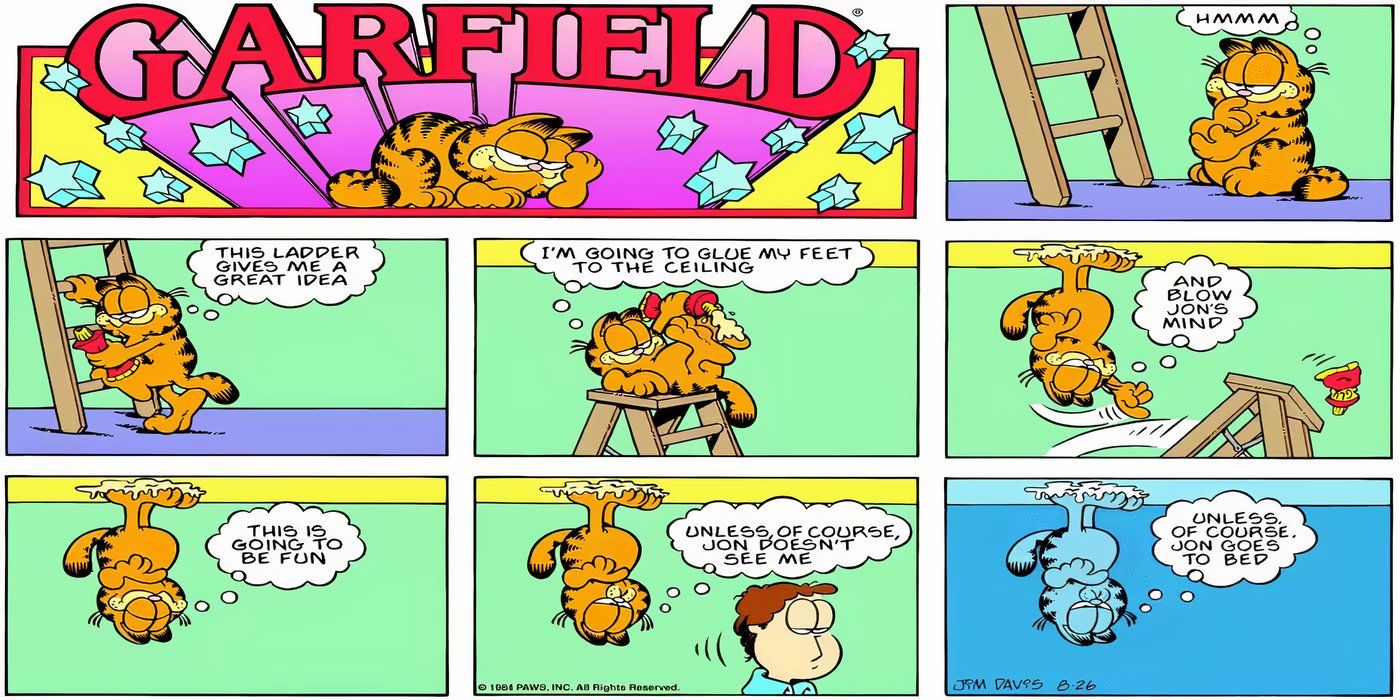 Garfield cerca di fare uno scherzo a Jon incollandogli i piedi al soffitto.