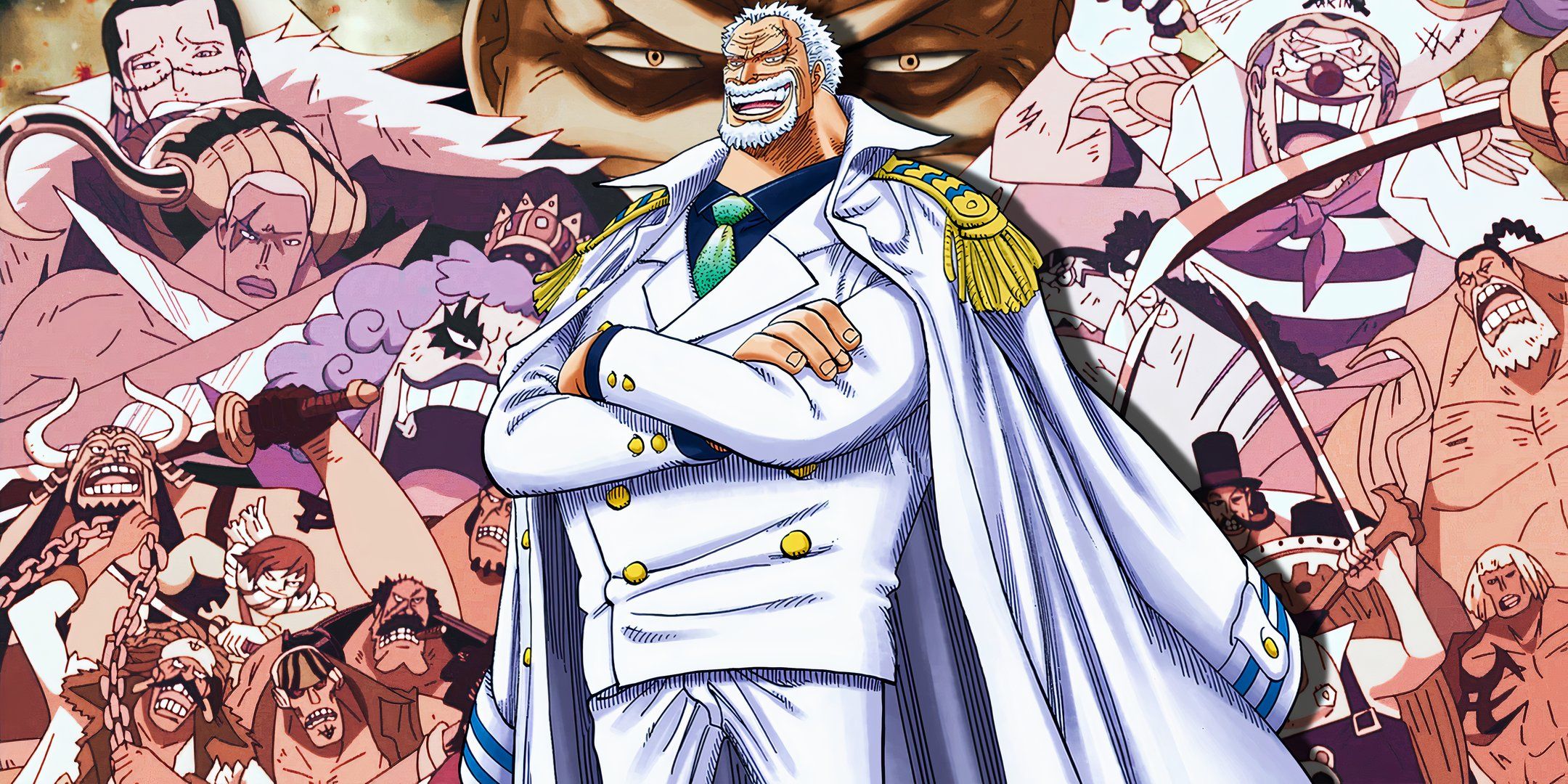 garp from one piece standing with his arms crossed with the marineford key visual in the background