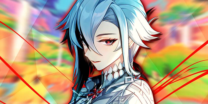 Genshin Impact's Arlecchino looks sideways with Natlan in the background.