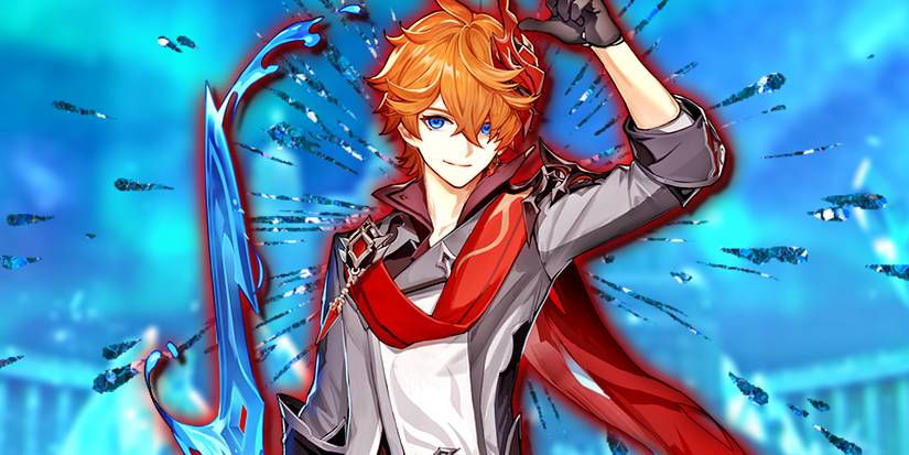 Genshin Impact's Childe smiles and poses with his hydro blade, with Snezhnaya in the background.