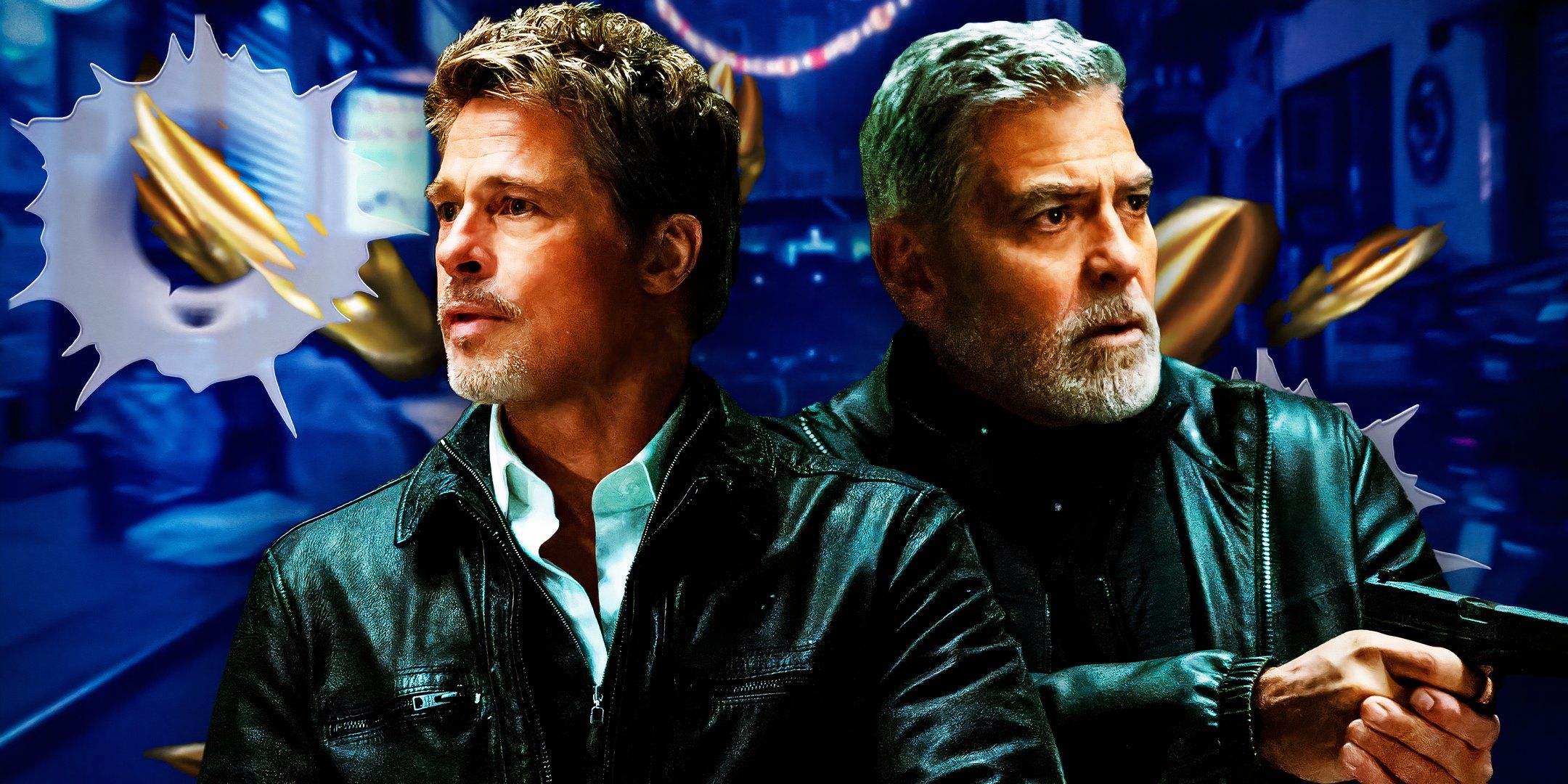 Brad Pitt as Pam's Man and George Clooney as Margaret's Man holding a gun in Wolfs against a blue background