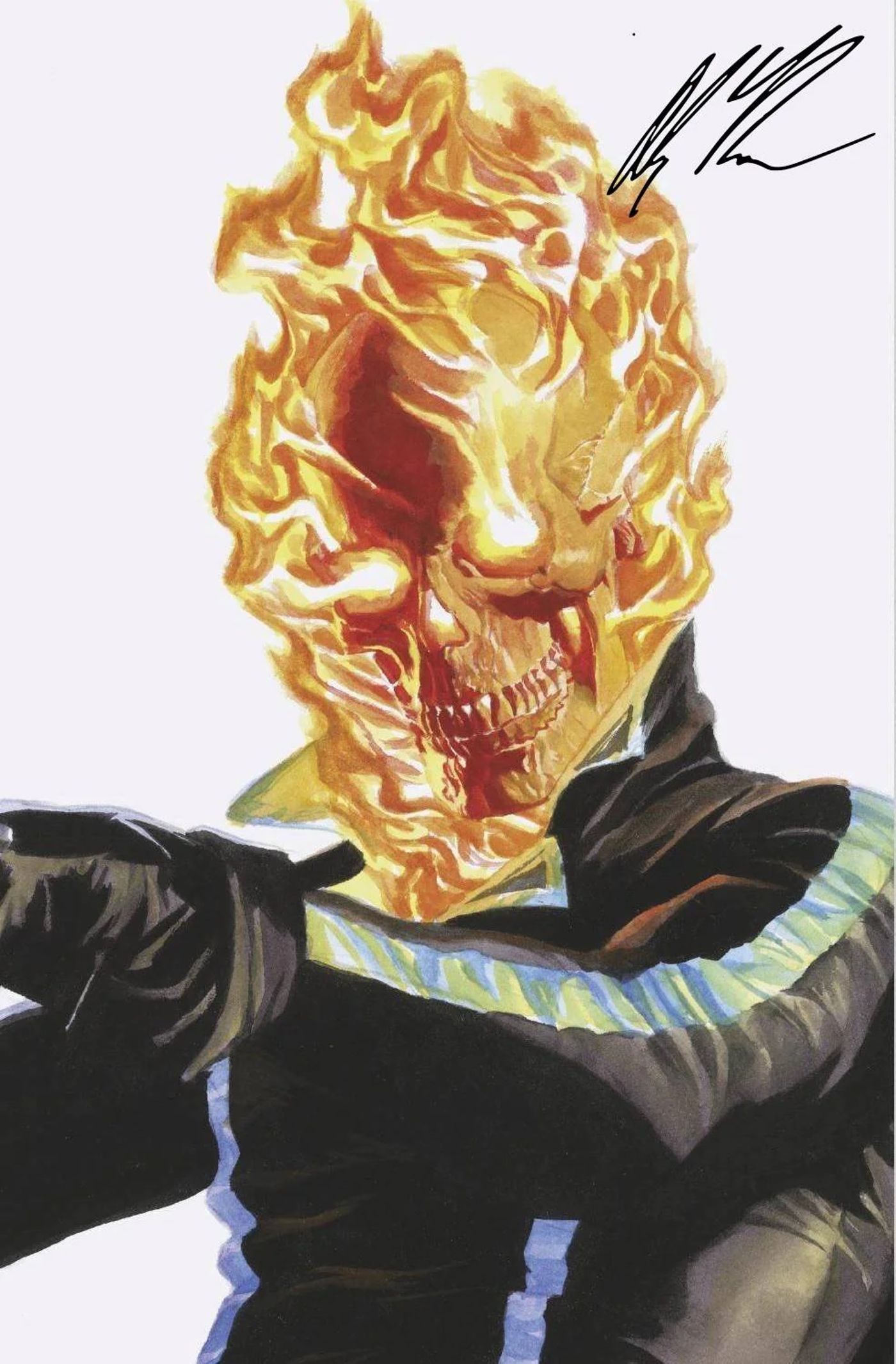 Alex Ross Ghost Rider, close do personagem em traje preto de motociclista, com a cabeça em chamas.