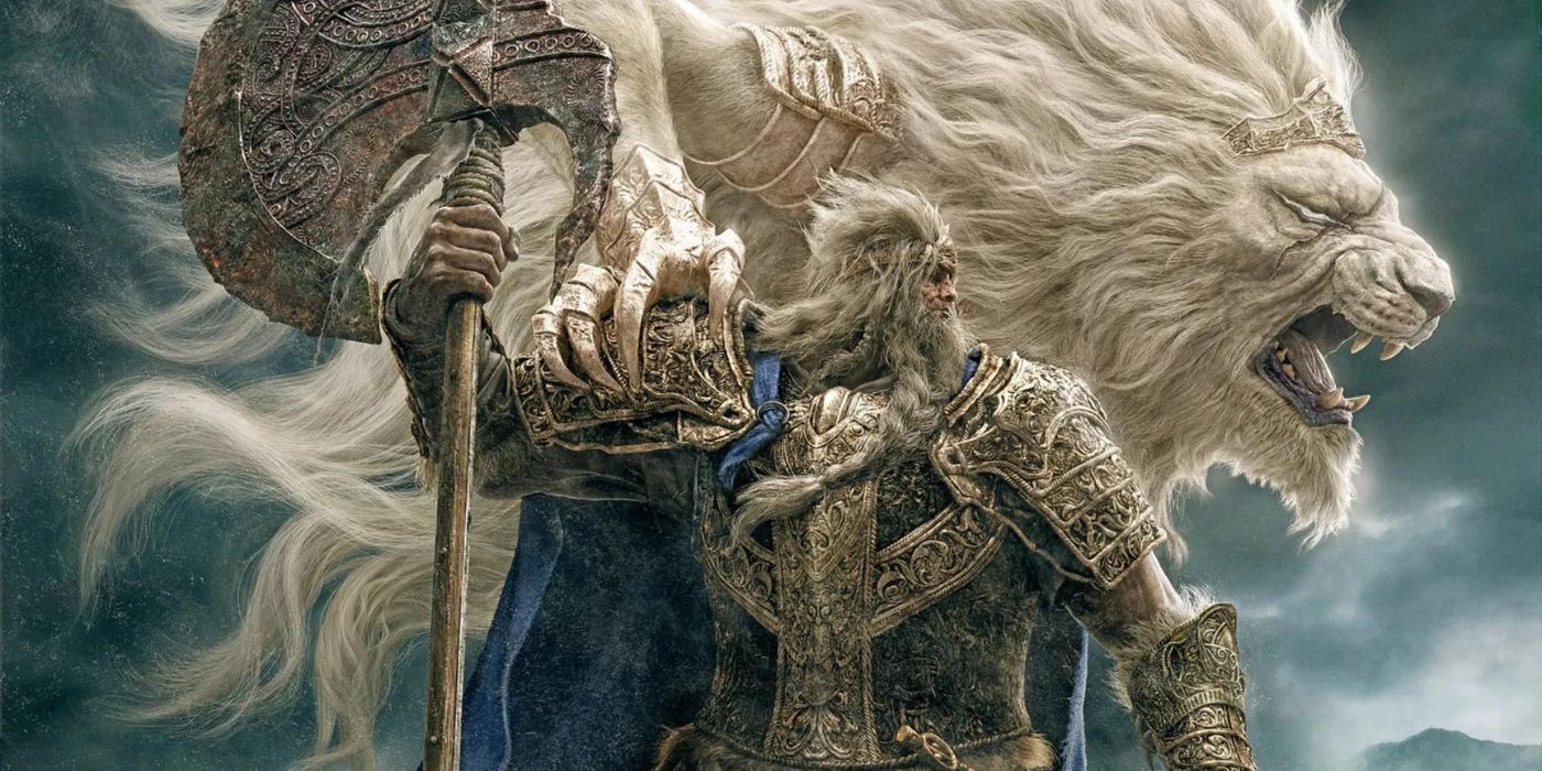 Godfrey, the First Elden Lord posing with his great axe and white lion
