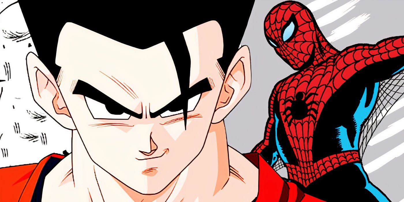 Gohan smirking to the left and Spider-Man swinging from his first appearance to the right