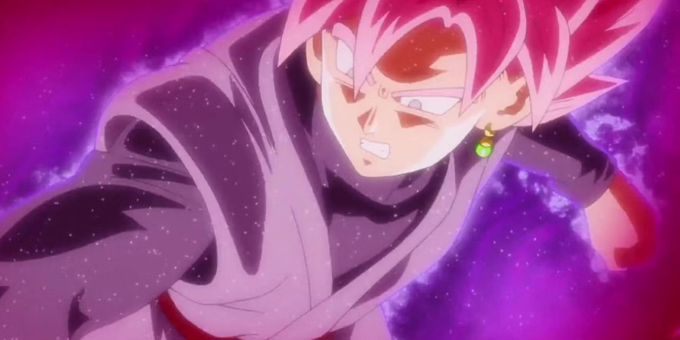 Goku Black in Rose form looks worried as he fights Vegeta. 