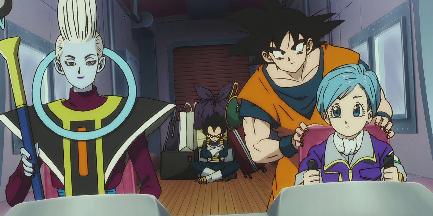 Goku, Bulma, Whis e Vegeta andando em um navio em busca das Dragon Balls no filme Broly.