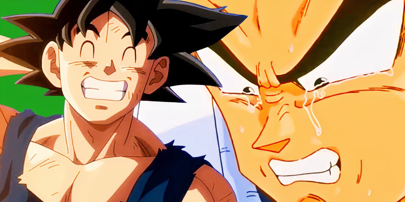 Goku smiling and Vegeta crying