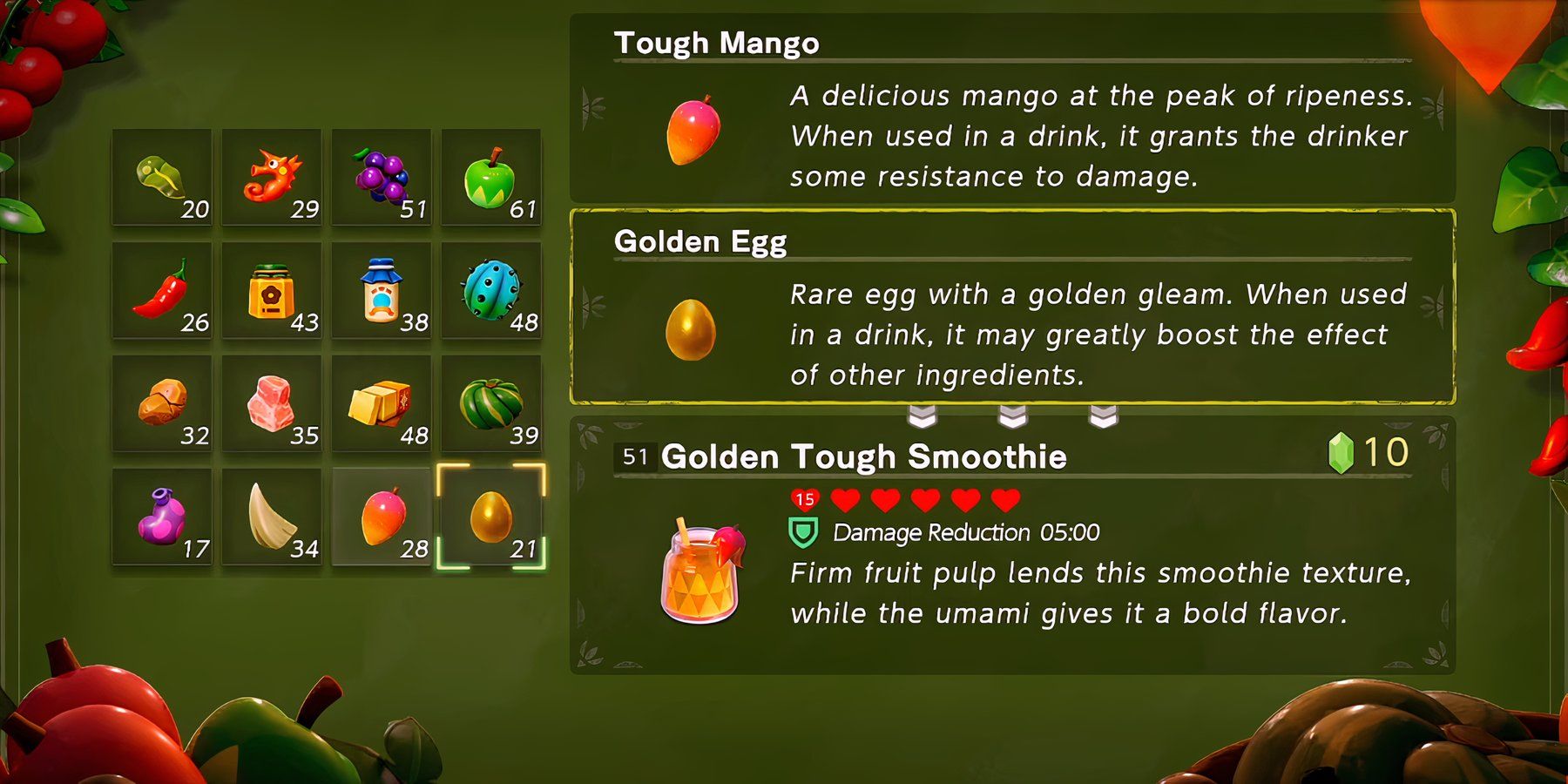 Golden Mango Smoothie está en el menú de elaboración de The Legend of Zelda: Wisdom Image.