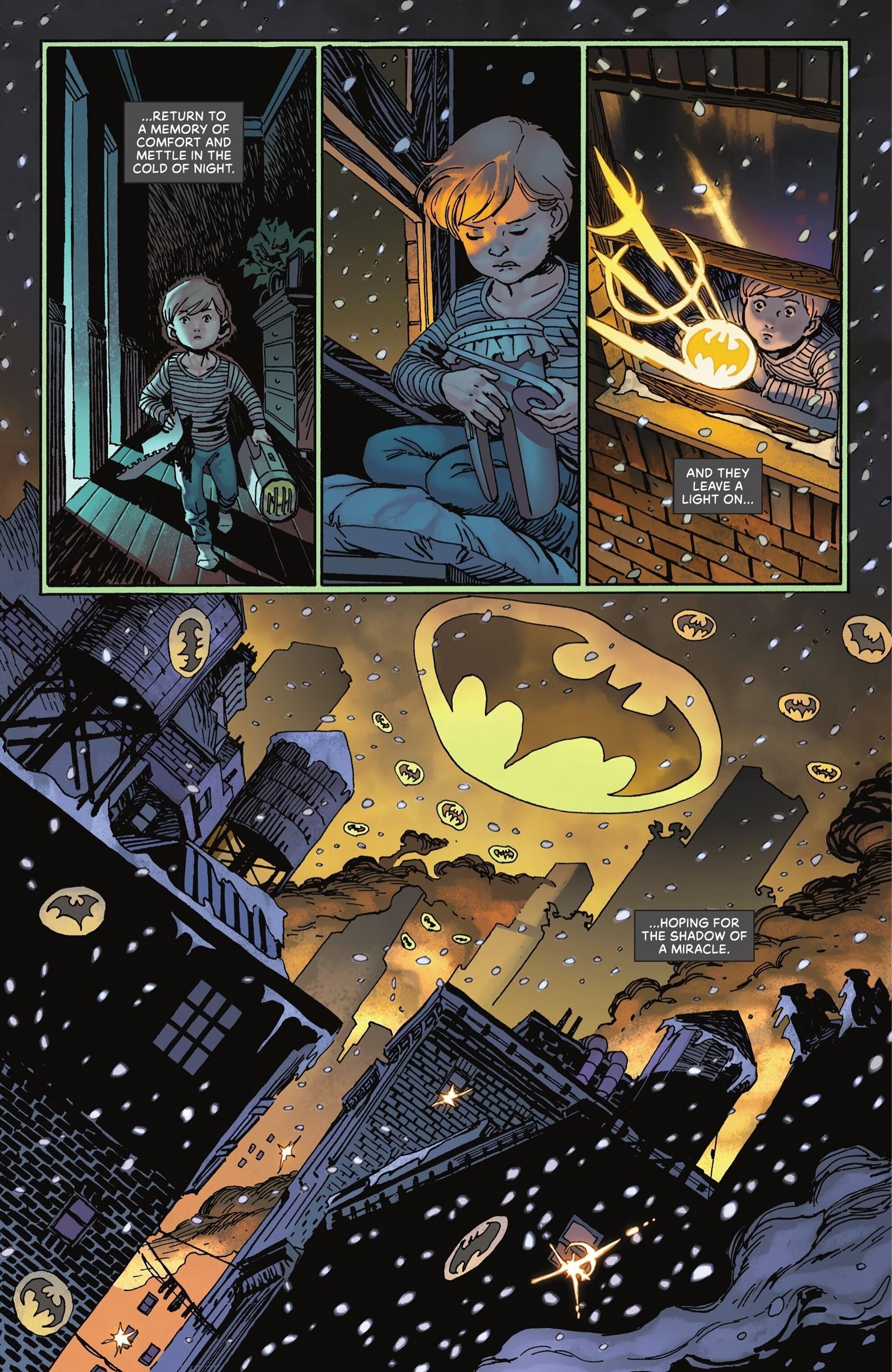 Comic book page: A kid shines a bat-signal in a sky full of signals in Gotham.