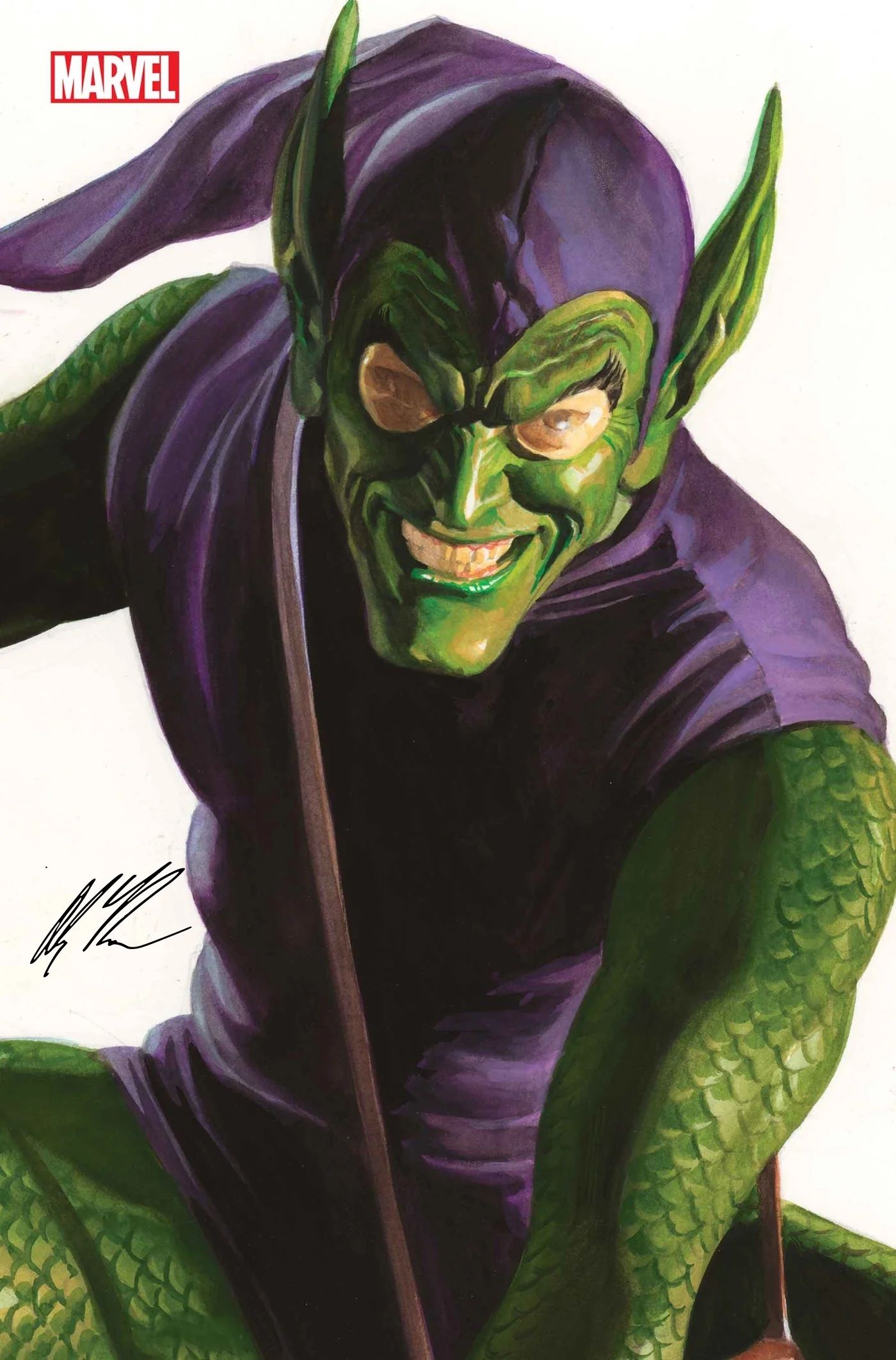 Retrato de Alex Ross Green Goblin, a iteração clássica do vilão do Homem-Aranha, com os olhos de Norman Osborn.Retrato de Green Goblin por Alex Ross