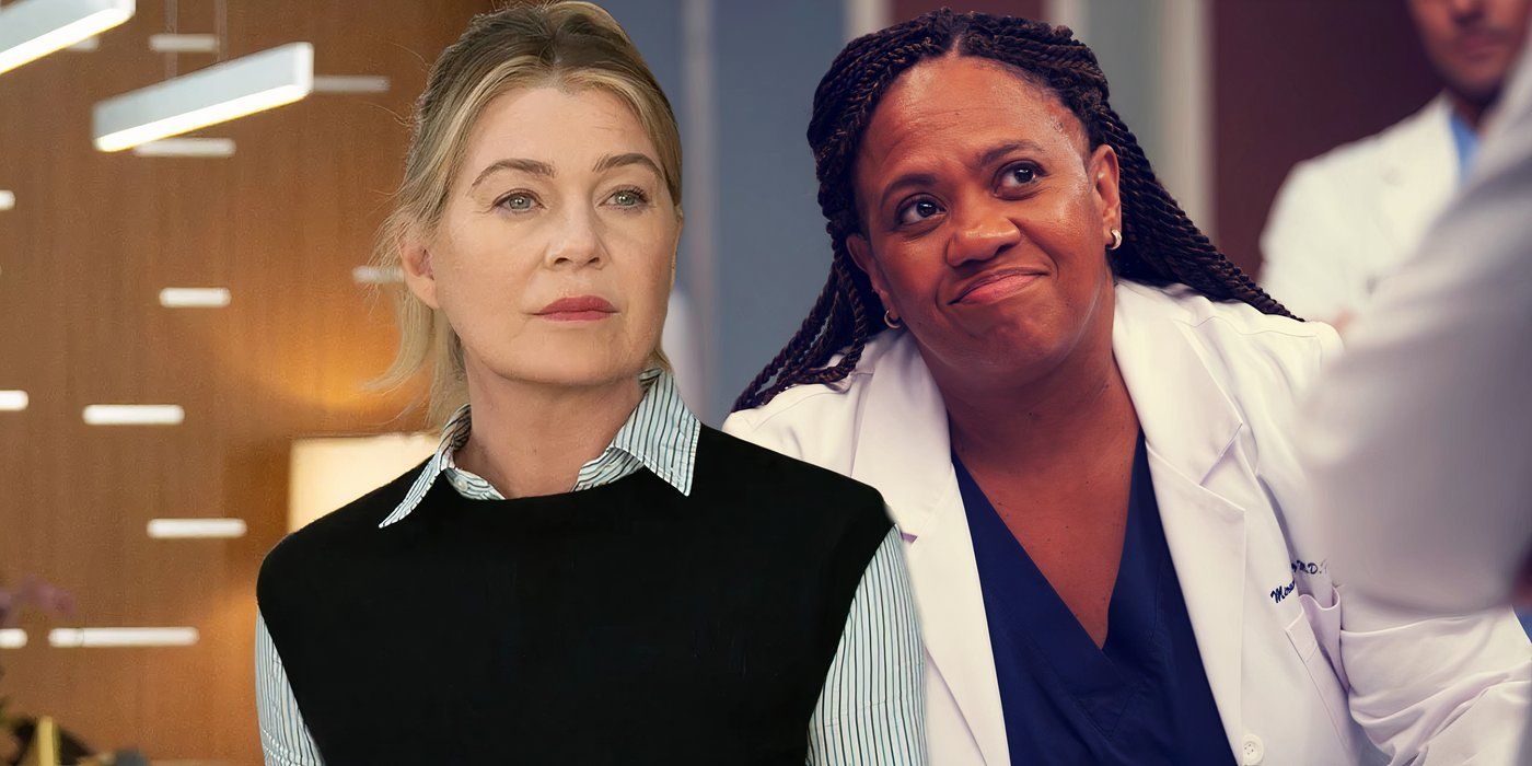 A composite image of Meredith looking on thoughtfully in front of Miranda smirking in Grey's Anatomy