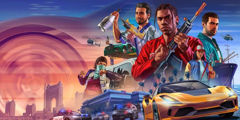 Various GTA Online characters posing with weapons and super cars.