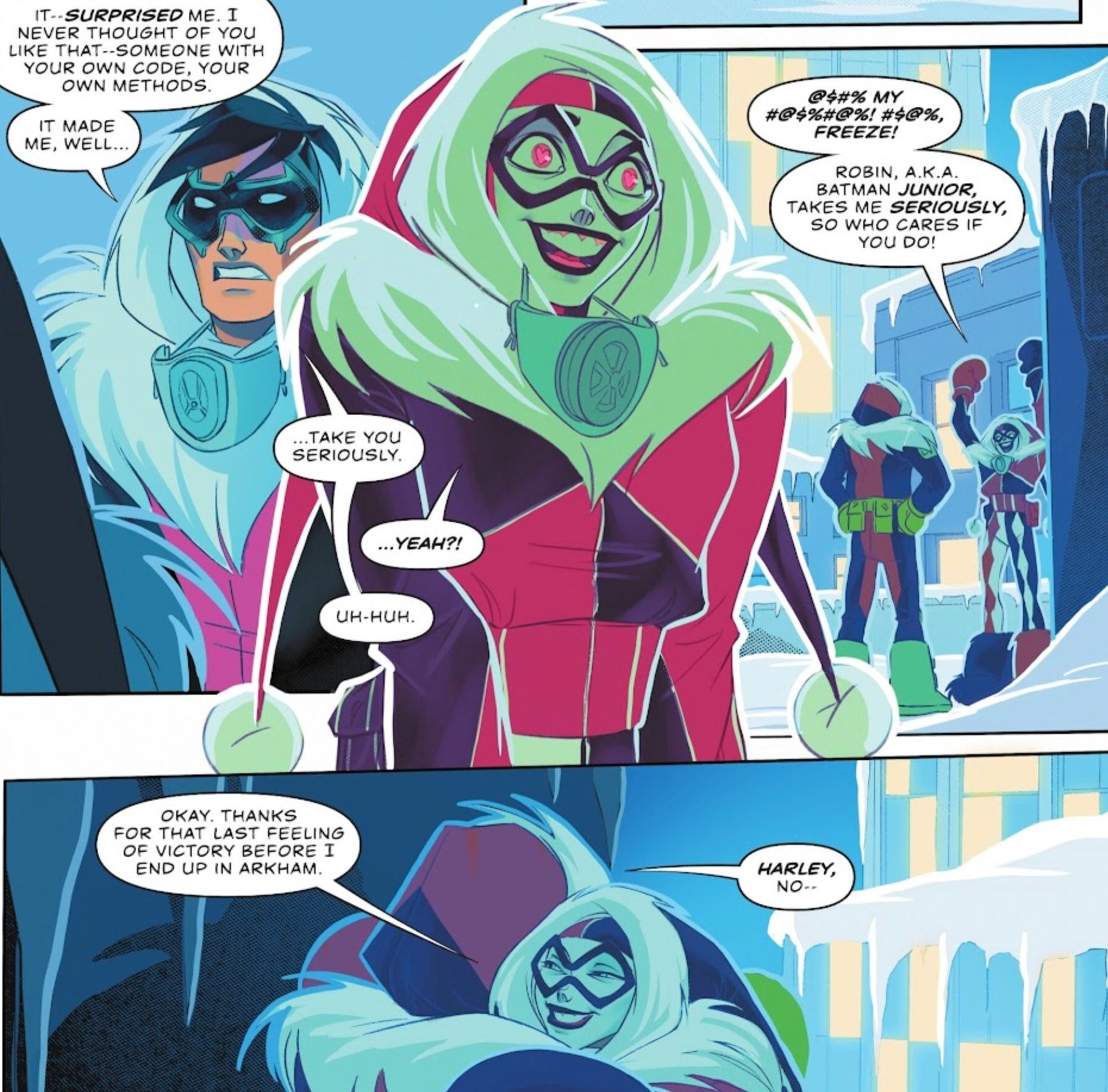 Painéis de quadrinhos: Robin Tim Drake diz a Harley Quinn que a leva a sério em um telhado coberto de neve.