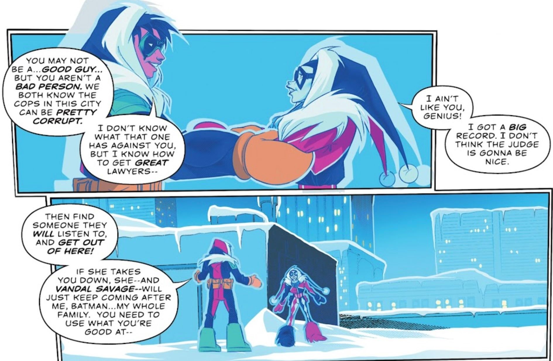 Painéis de quadrinhos: Harley Quinn e Robin Tim Drake conversam como amigos em um telhado nevado.