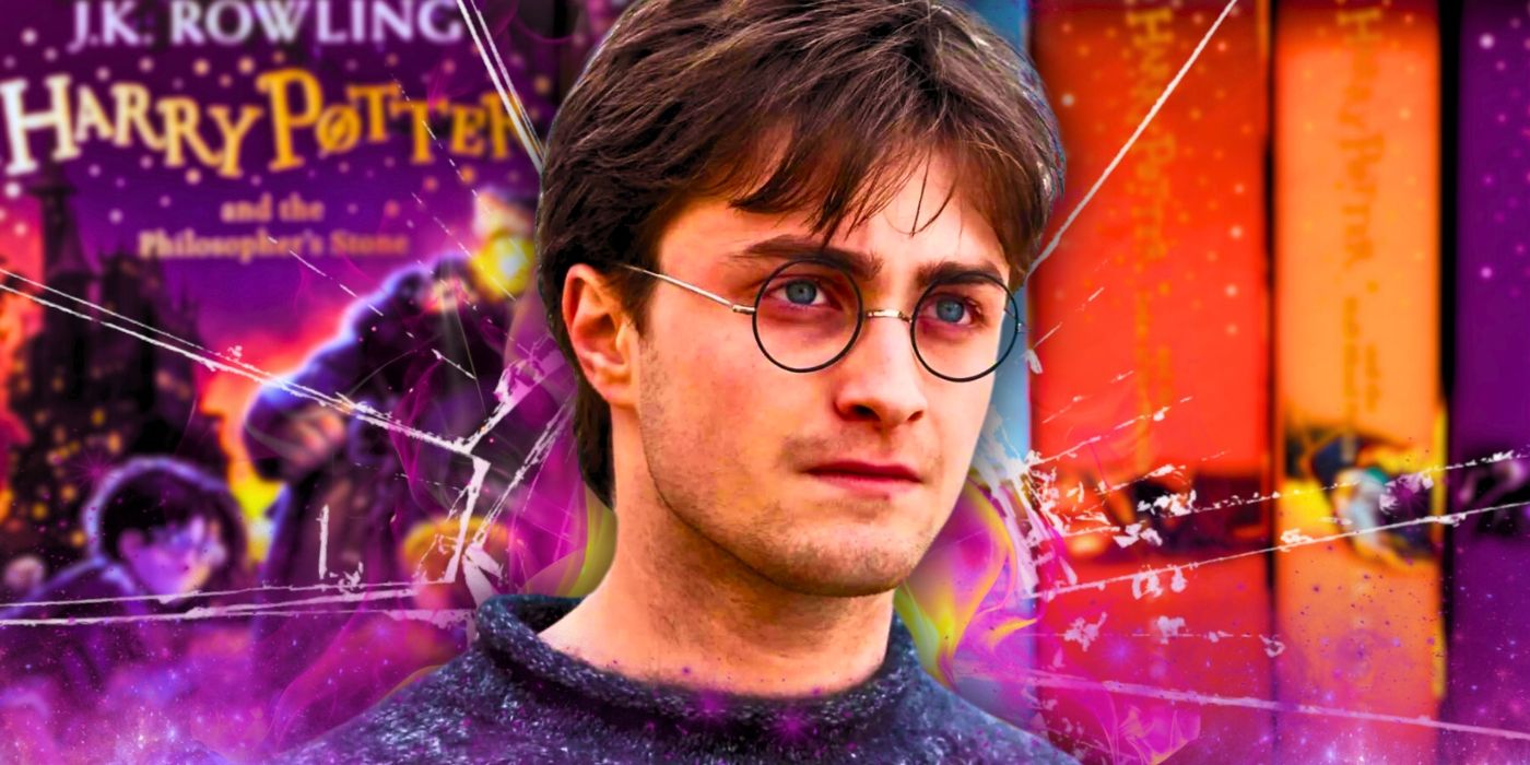 Harry Potter (Daniel Radcliffe) parado frente a cristales rotos y la portada de Harry Potter y la piedra filosofal