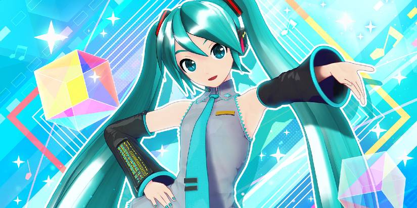 Hatsune Miku smiling with one hand out and one hand on her hip against an abstract background.