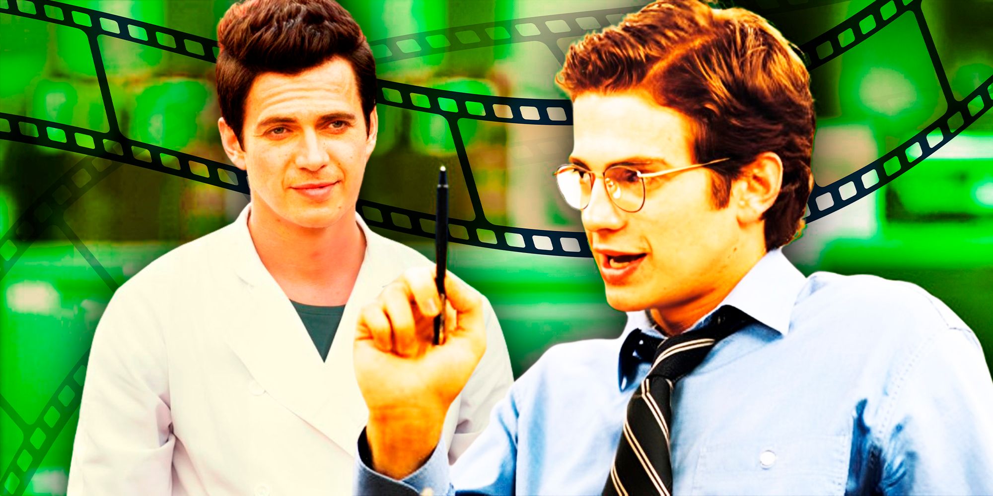 Hayden Christensen from Shattered Glass to the right and Little Italy to the left in front of a background showing green film