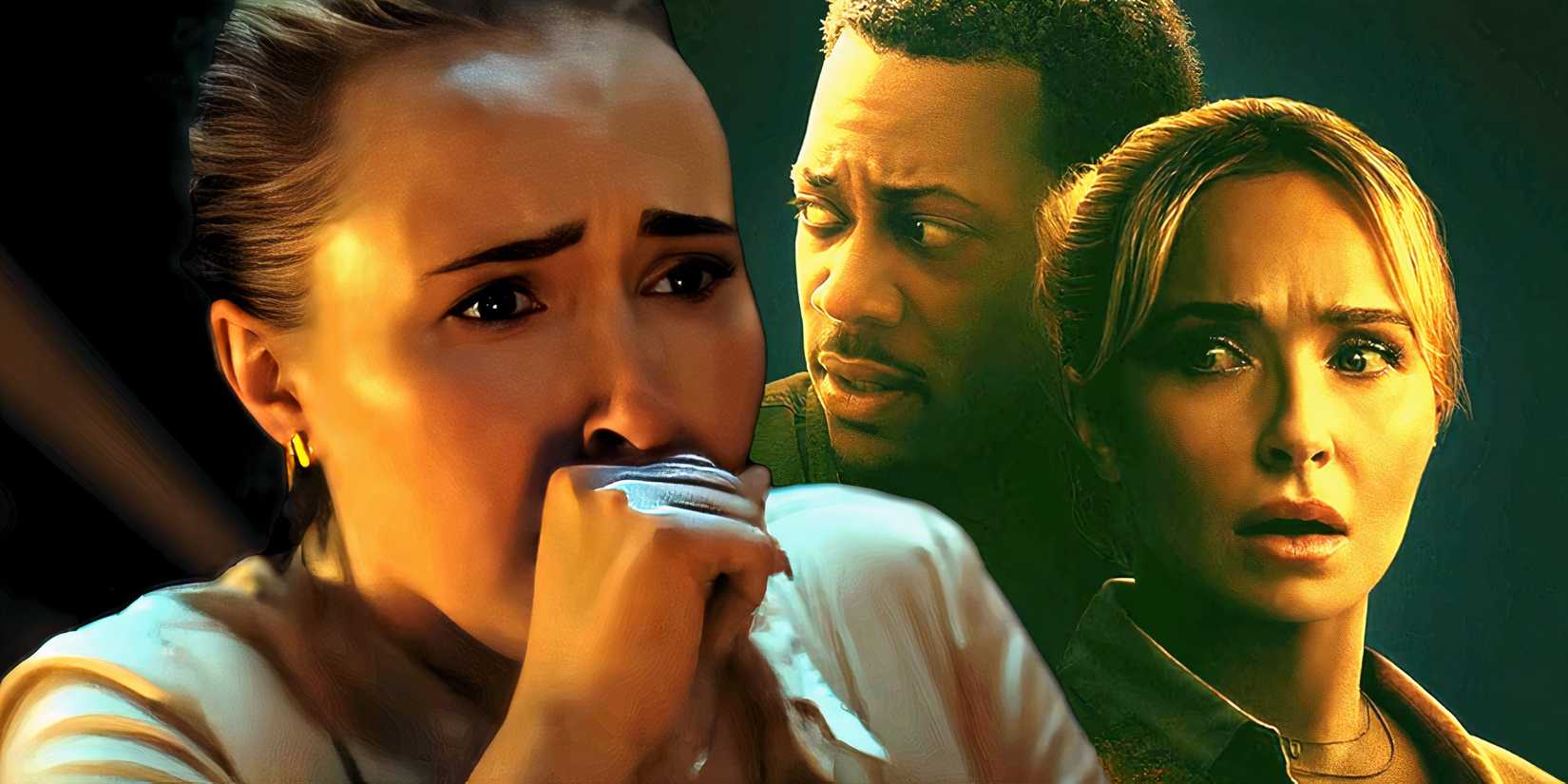 Hayden Panettiere as Jaq with her hand over her mouth in shock next to Amber Alert poster