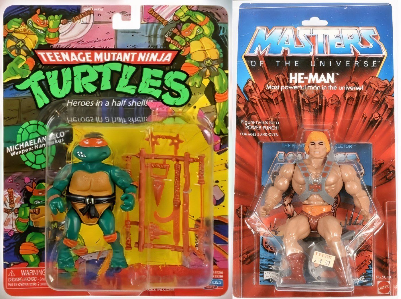 Bonecos de ação Michelangelo de He-Man e TMNT.