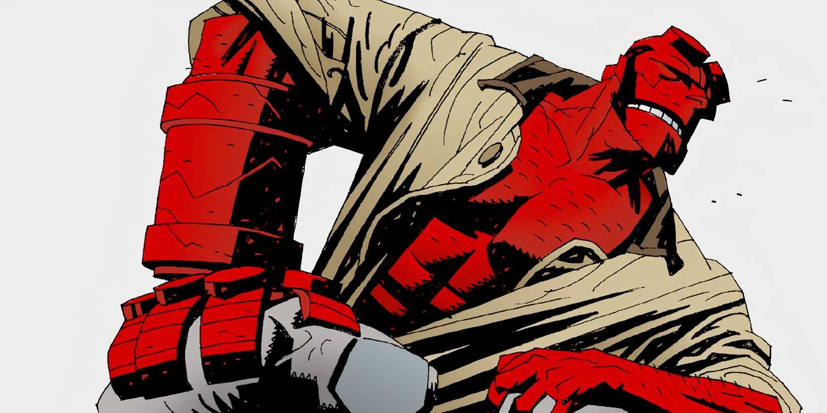 Hellboy reeling as if he has been struck by a blow.