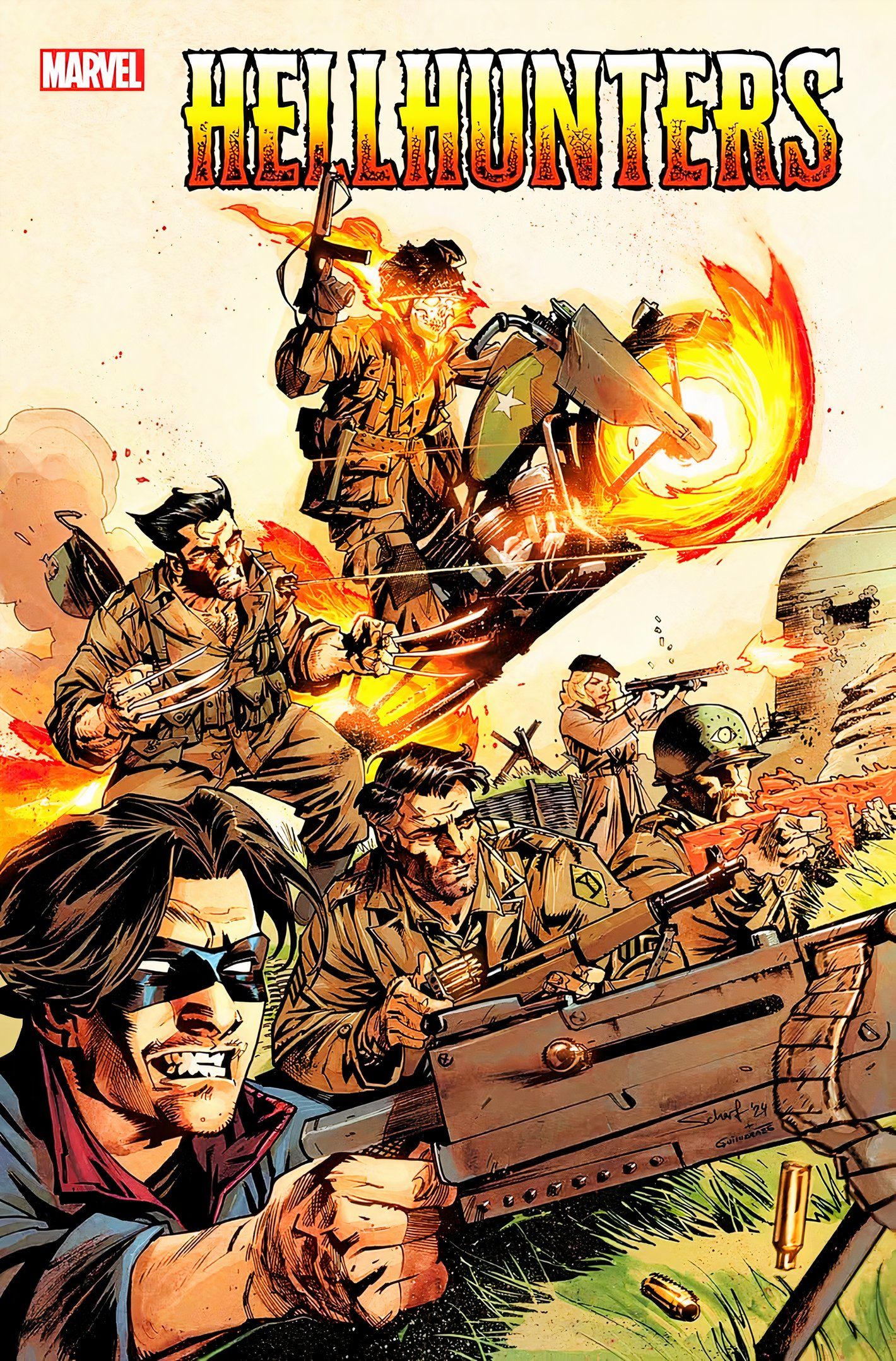 Capa de Hellhunters #1, com Wolverine e Ghost Rider da Segunda Guerra Mundial correndo para a batalha