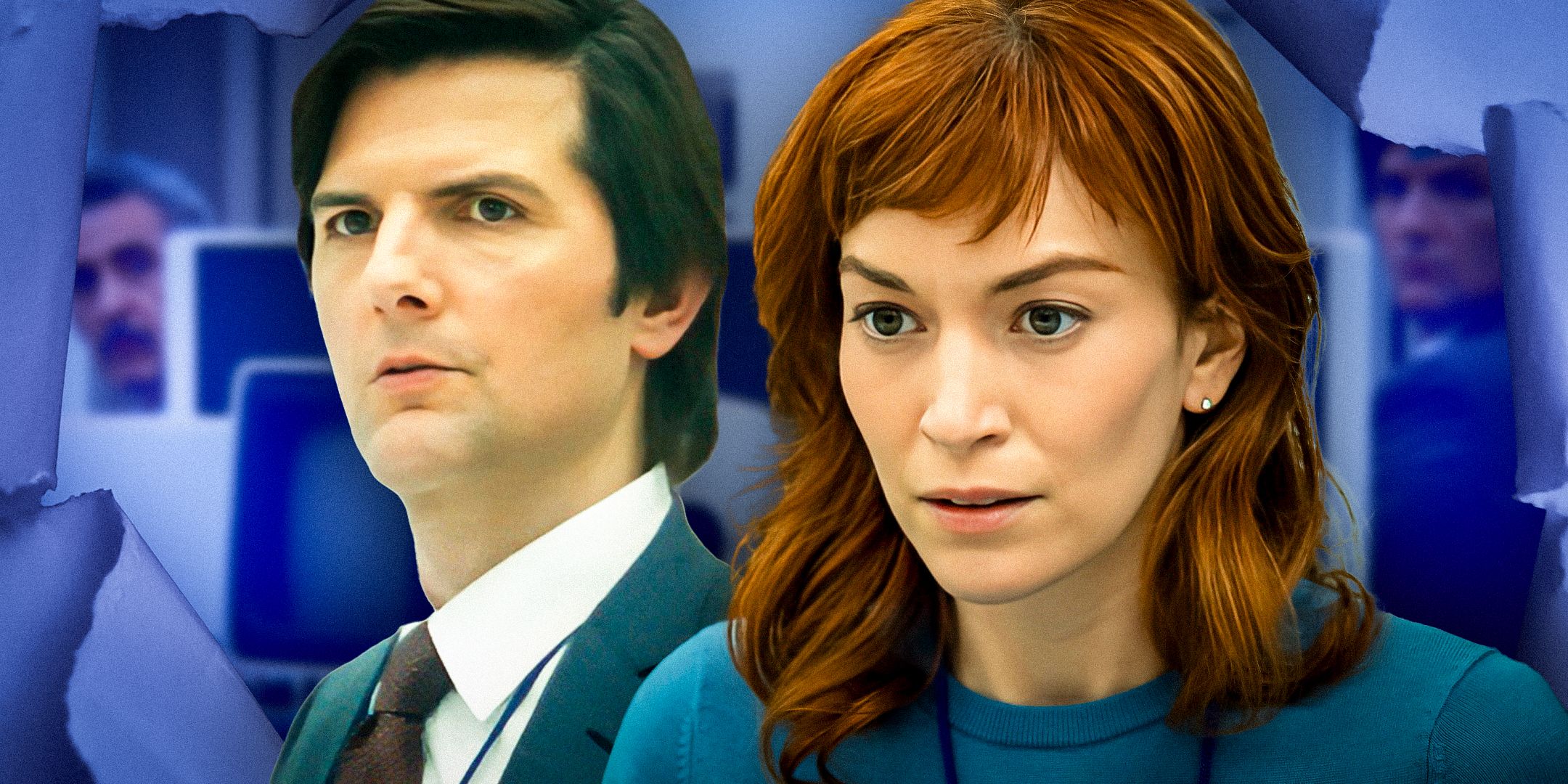 Mark (Adam Scott) and Helly (Britt Lower) in Severance Season 1