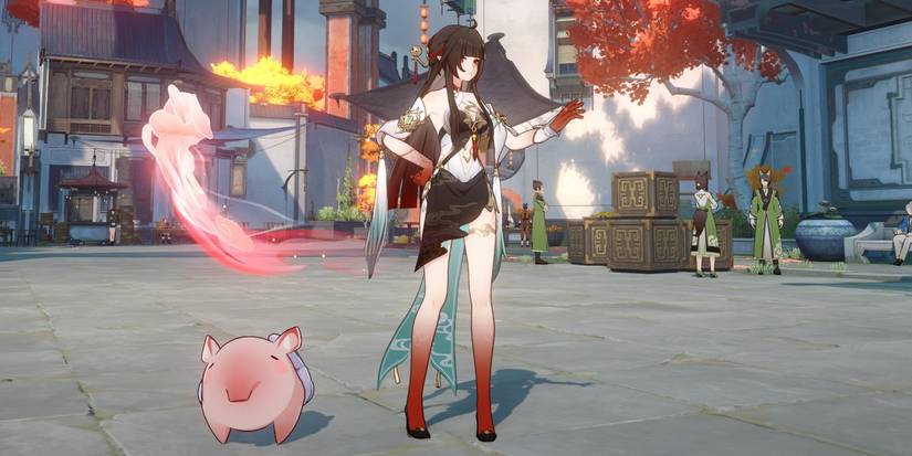 Honkai Star Rail's Lingsha stands next to a Tapir pet on the Xianzhou Luofu.