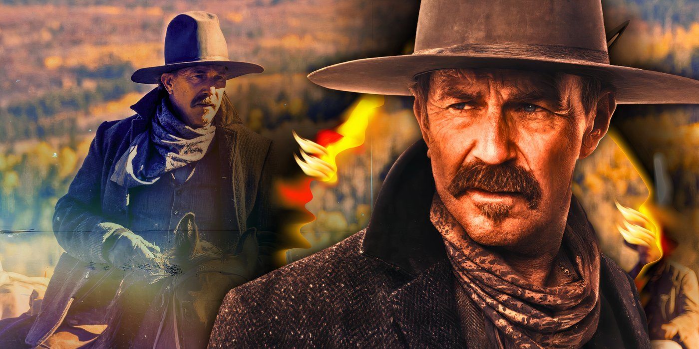 Kevin Costner as Hayes Ellison riding a horse next to Hayes looking serious with fire in the background in Horizon An American Saga