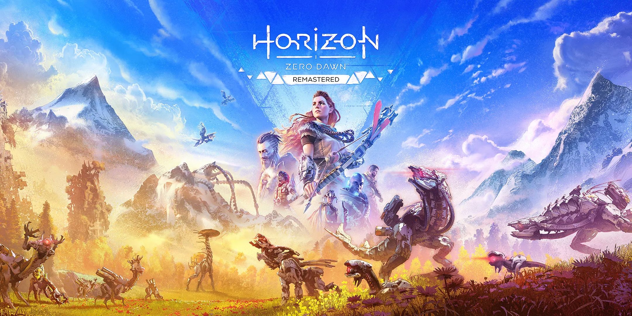 Horizon Zero Dawn Remastered Art. Characters and various mechanical creatures are depicted against a mountain landscape.