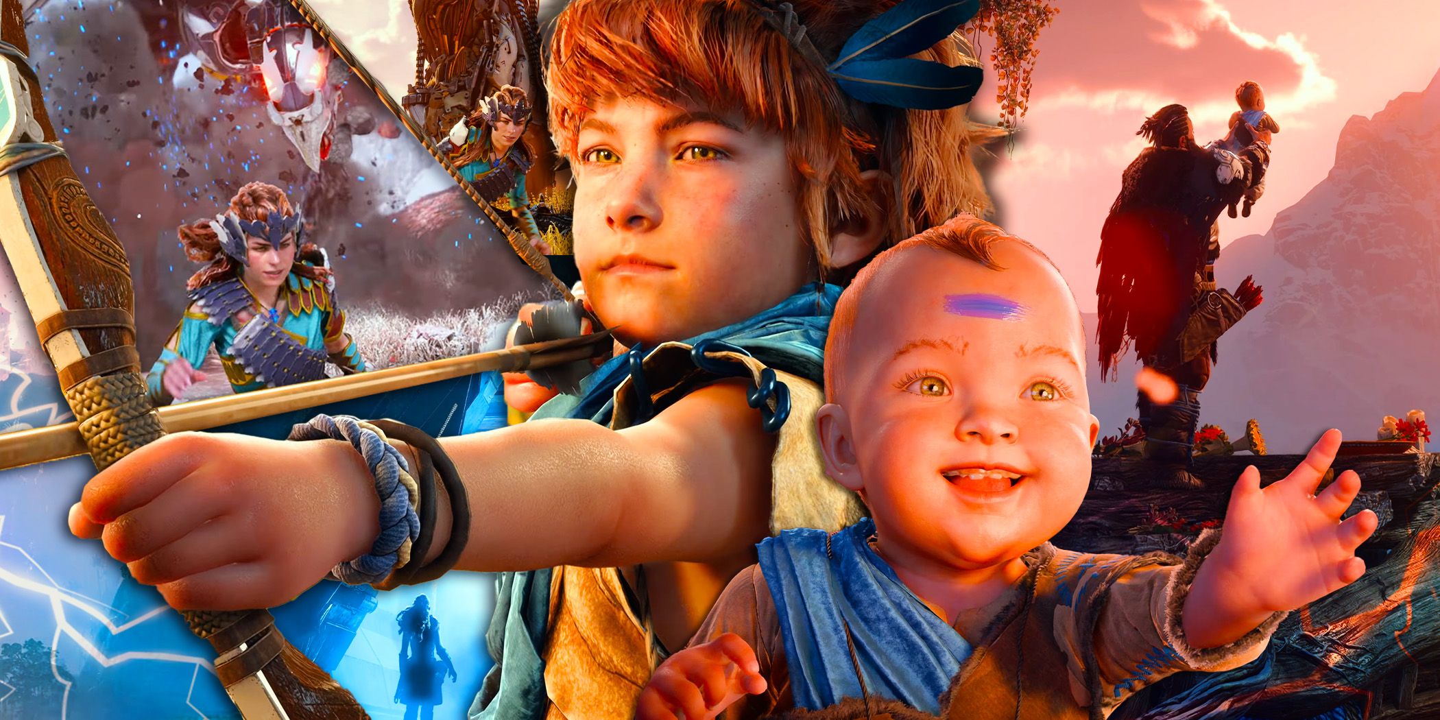 Young Aloy aiming a bow and arrow in Horizon Zero Dawn Remastered with a collage of other images from the game.