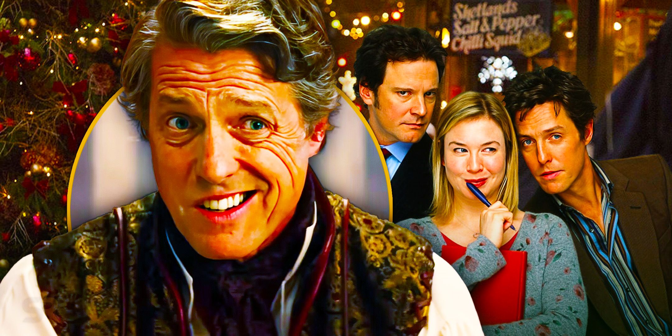 an image of Hugh Grant making a silly face next to a shot of the three leads from Bridget Jones' Diary clustered together