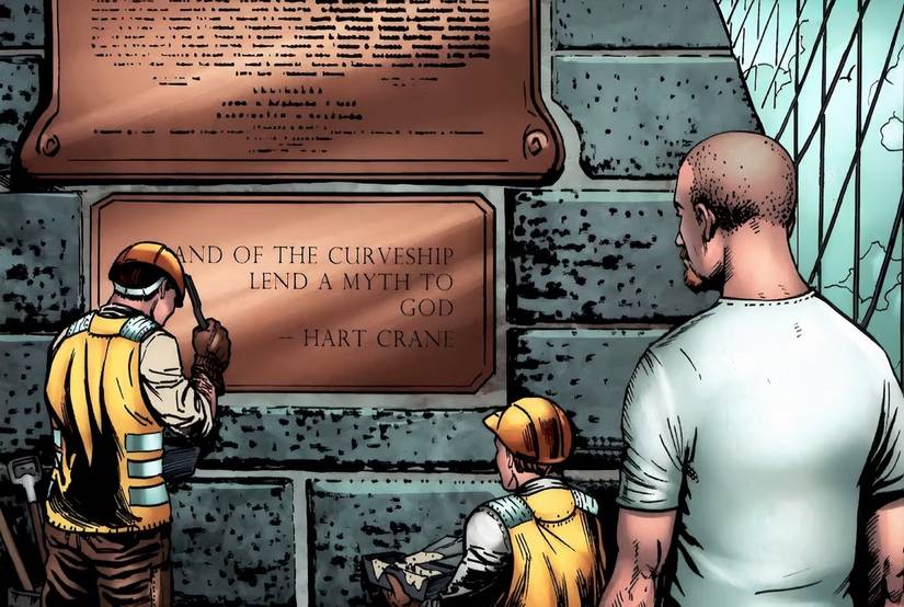 Hughie approaches the Brooklyn Bridge memorial in the Boys