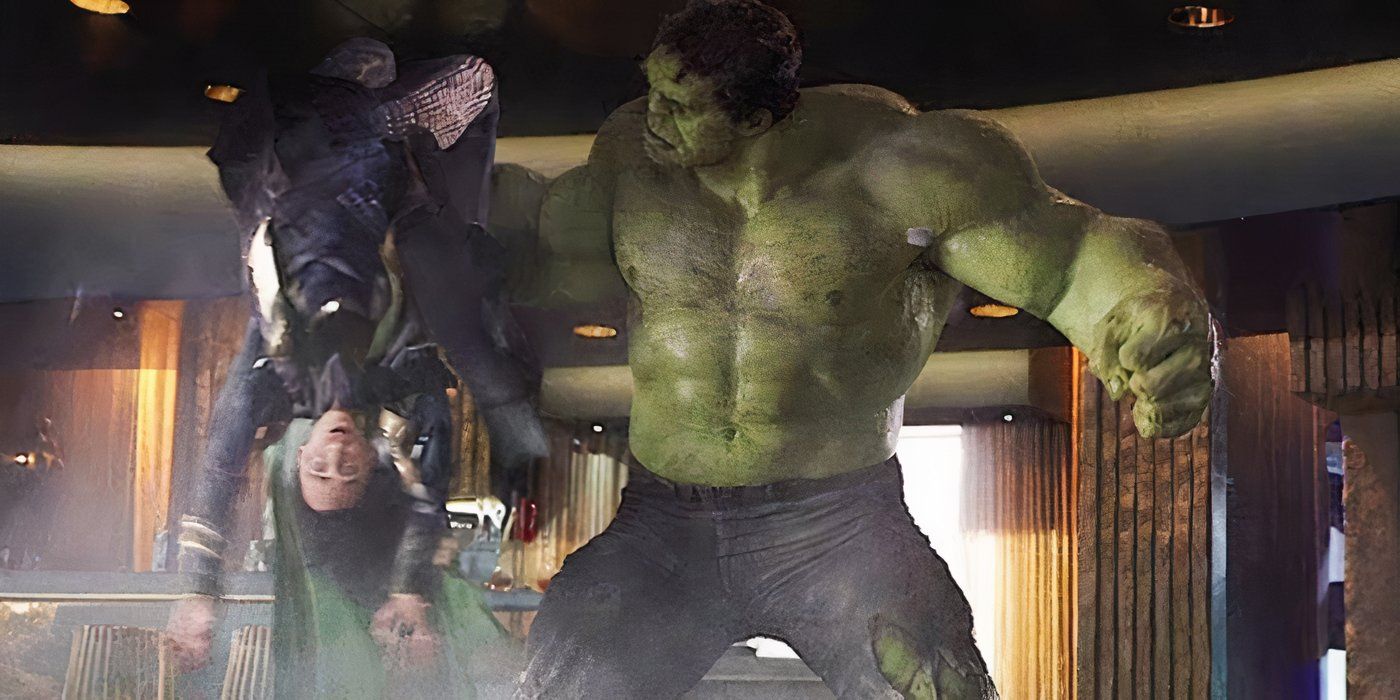 MCU Hulk holding Loki upside down after punching him.